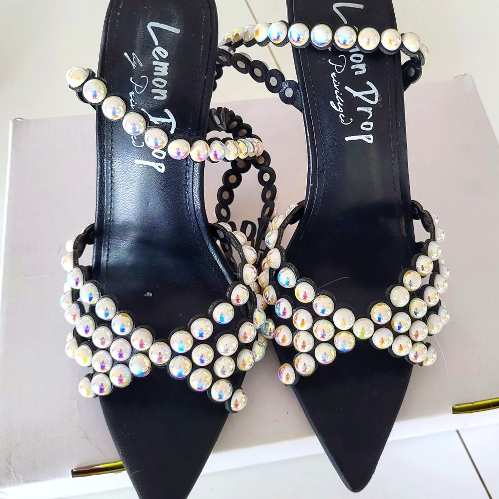 Black Satin heels with pearl straps